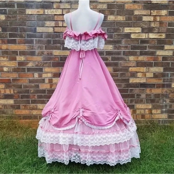 Dance Allure Rare Vintage 1980s Pink Lace Cold Shoulder Antebellum Hoop Dress M - Picture 9 of 12
